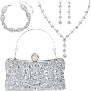 Silver Rhinestone Jewelry Set with Clutch for Evening Formal Weddings